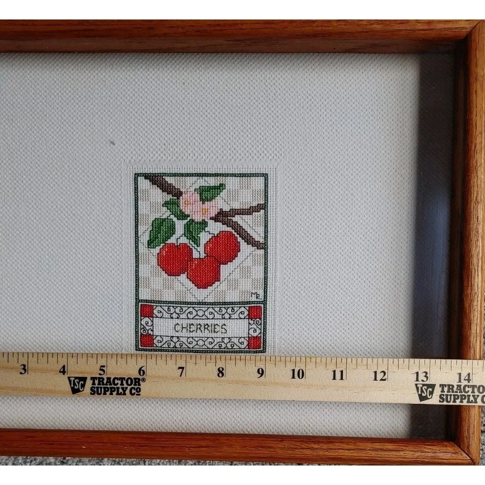 Vintage Cross Stitch Cherries Wood Framed Shadow Box Decorative Country Cottage